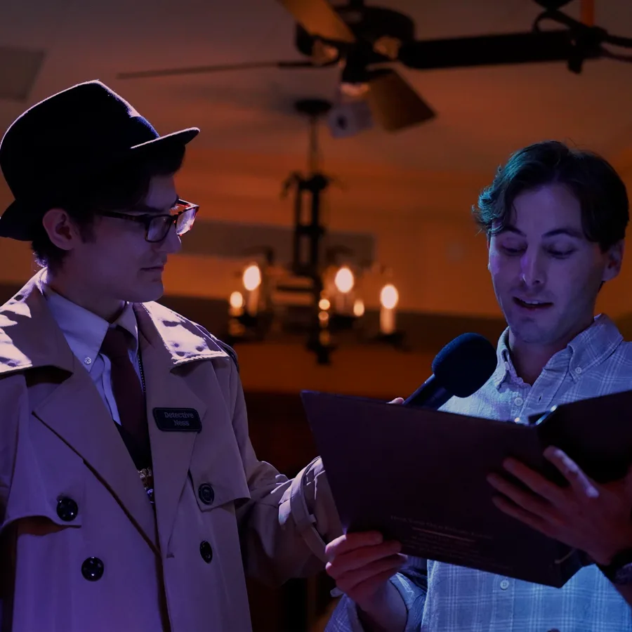 Professional actors performing at a San Jose murder mystery